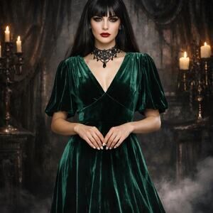 Alexia Admor Emerald Velvet Gothic Dress Puff Sleeve Dark Romance